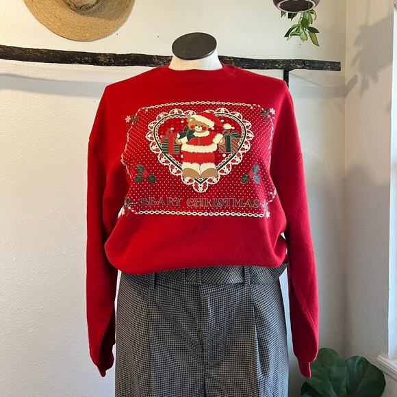Vintage 90s Red Holiday Berry Christmas Bear Crewneck Sweatshirt Size XL USA - Picture 11 of 11